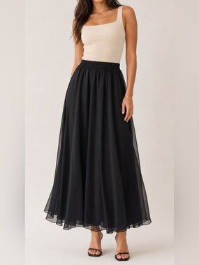 ⁠Boutique Black Chiffon Maxi Skirt Elastic Waist Layered Flowy Full Whimsigoth
